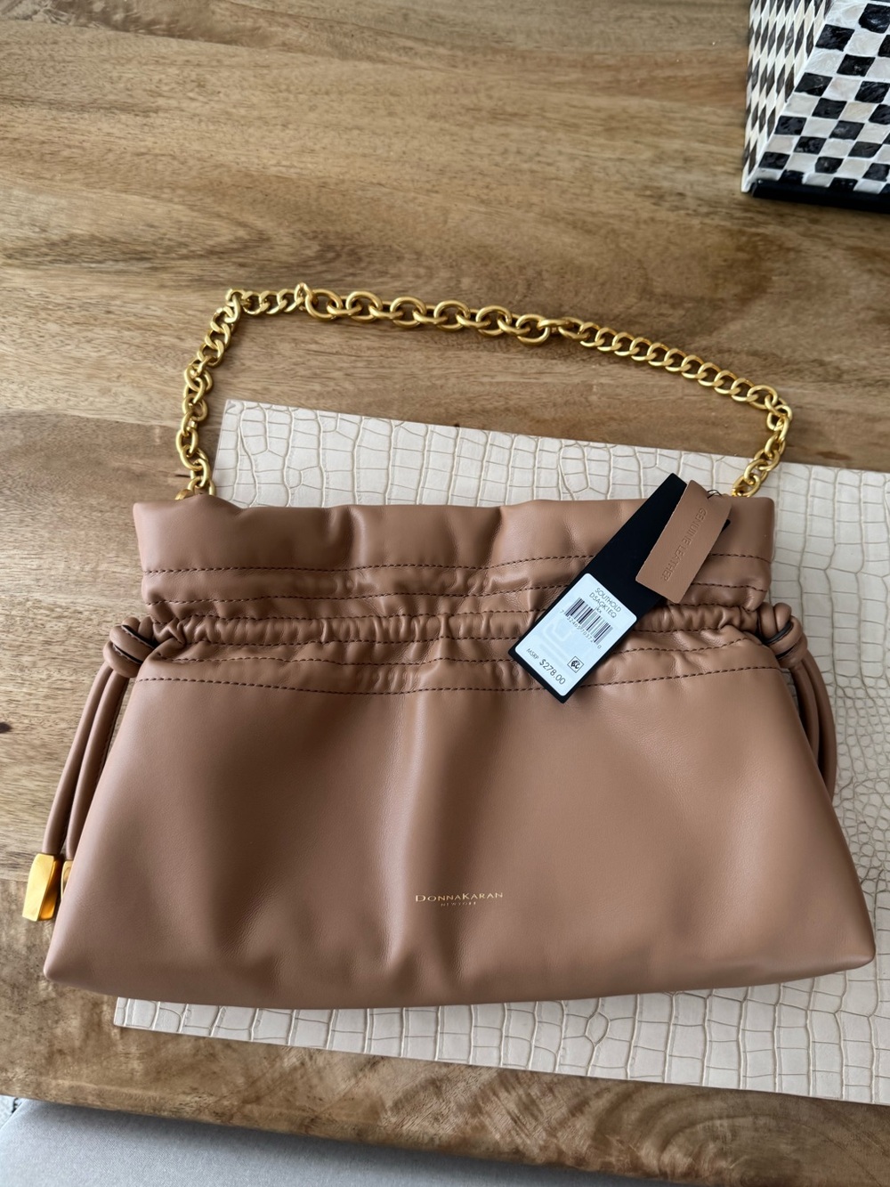 NWT Donna Karan Women’s Drawstring Shoulder Bag in Taupe with Gold Chain